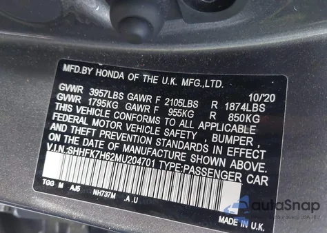 2021 Honda Civic Ex из США, поврежденный, VIN SHHFK7H62MU204701